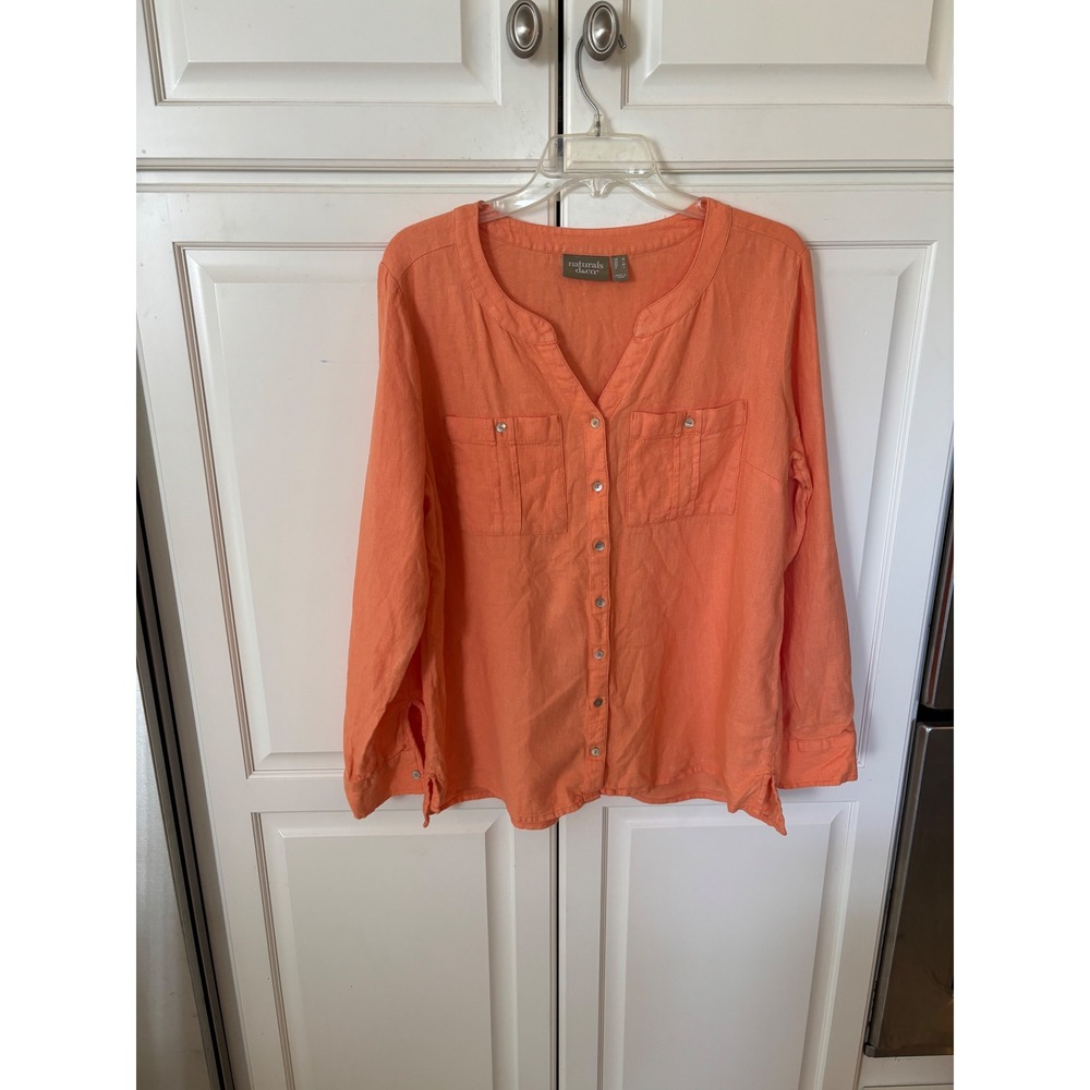 Naturals d&co Coral Orange Linen Blend Roll Tab Sleeve Button Up Blouse Medium